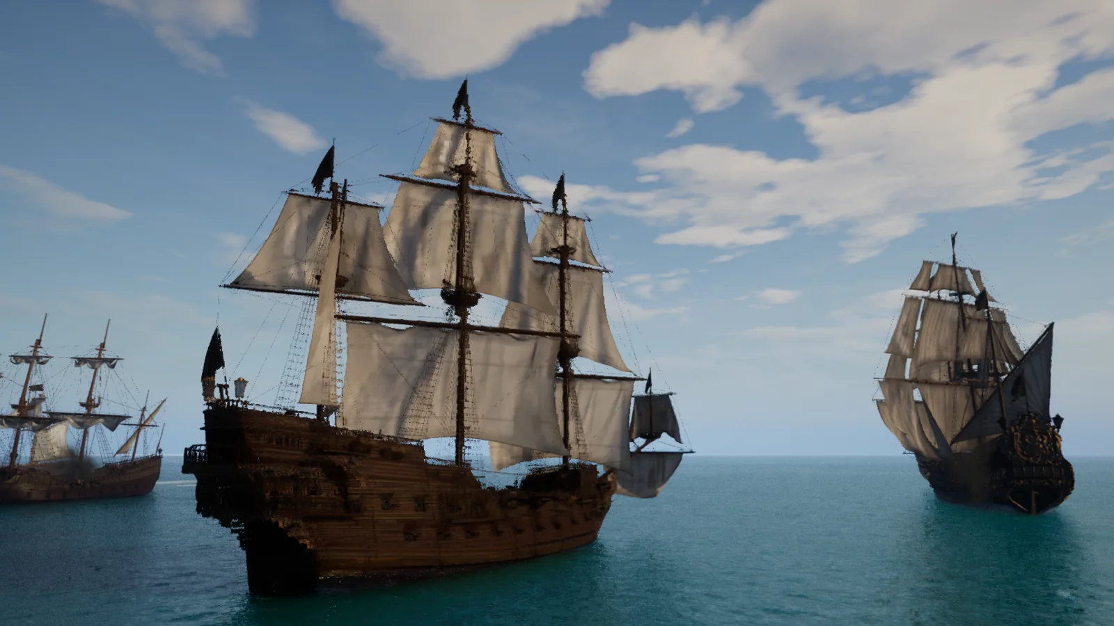 Three sailing warships on open water in Kachgun
