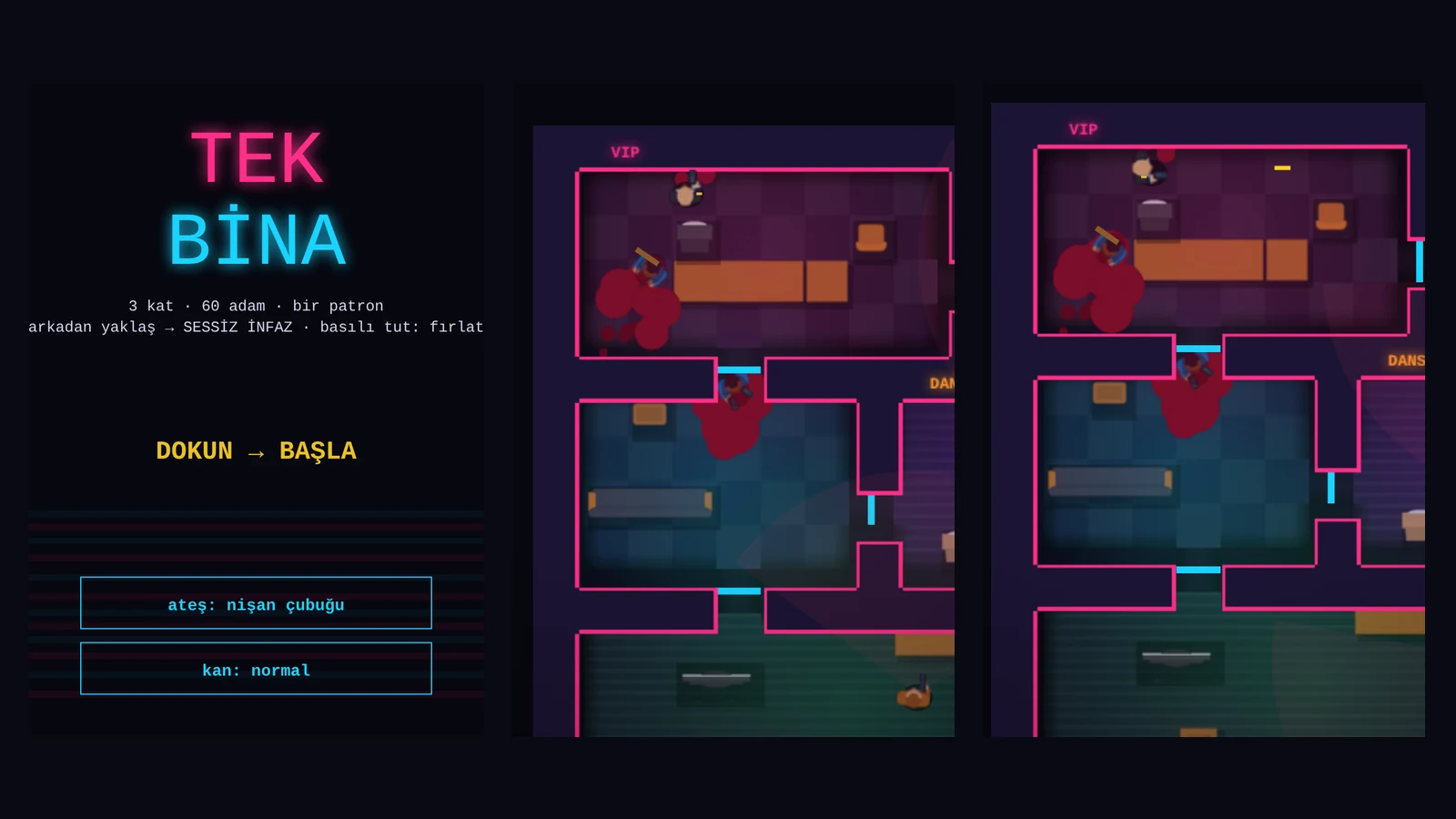 Tek Bina title screen and two top-down gameplay shots on a phone