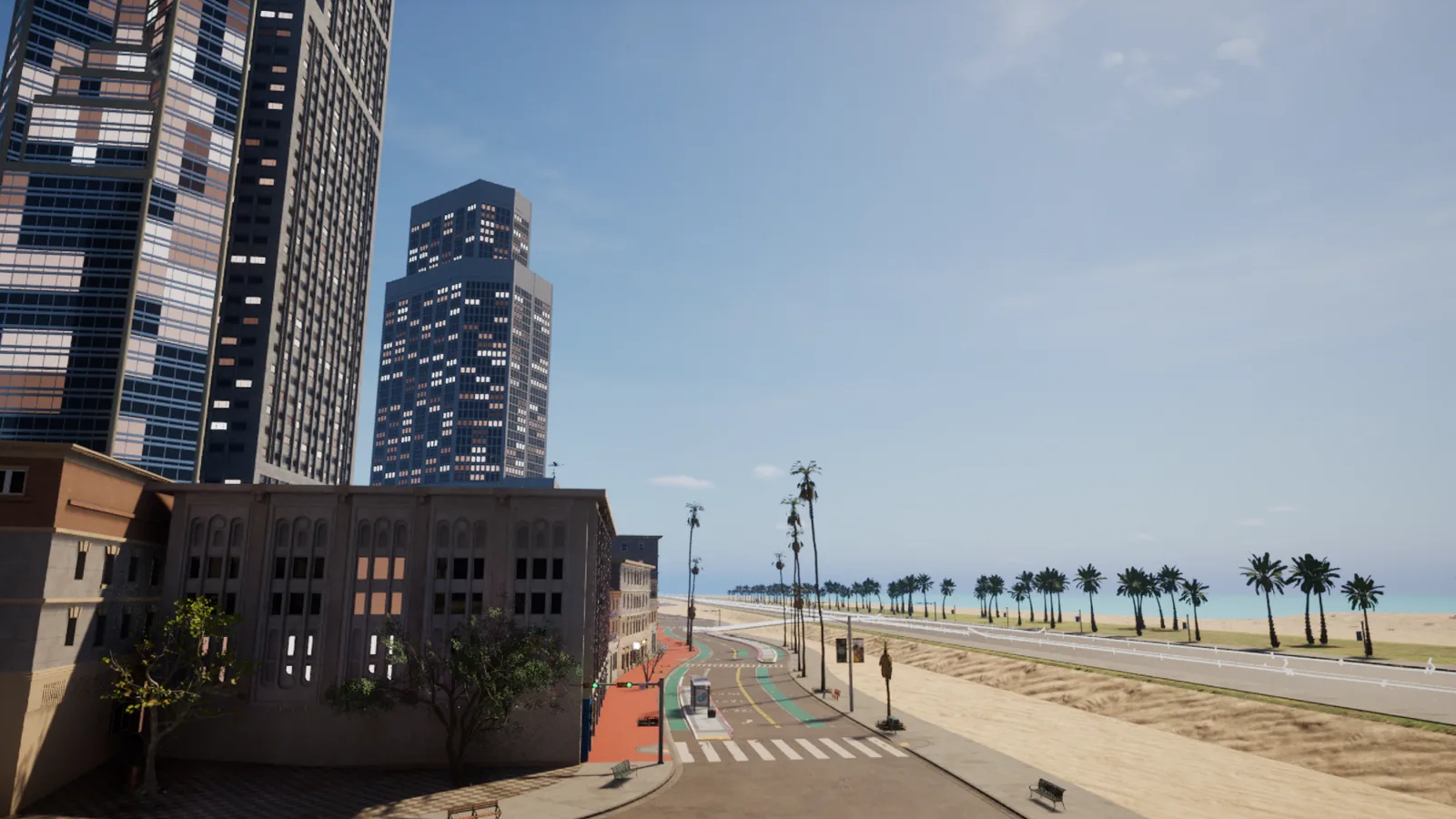 Downtown towers and a palm-lined beach road in Vurulgan